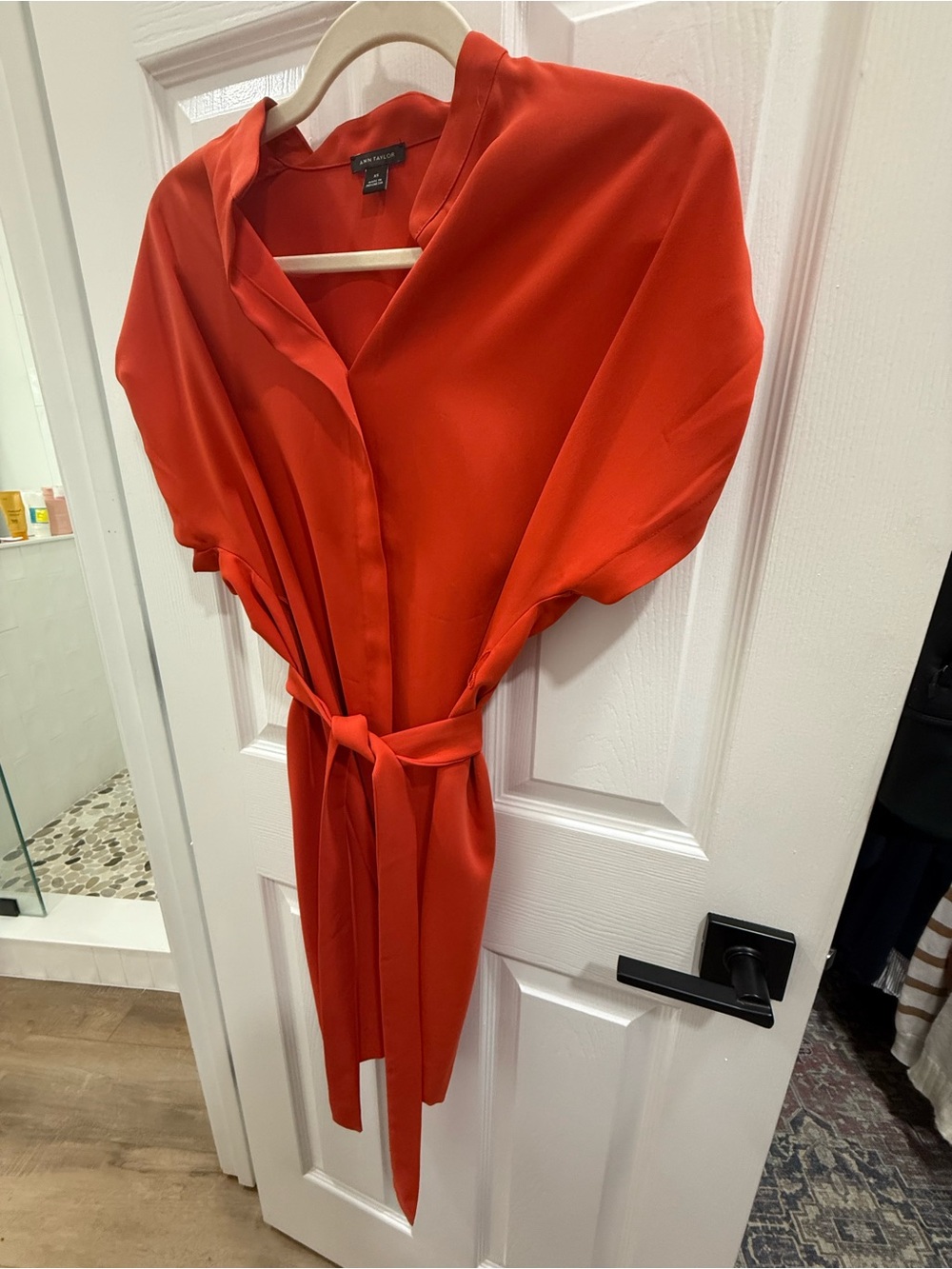 Ann Taylor Vibrant Red Midi Shirt Dress with Self Tie